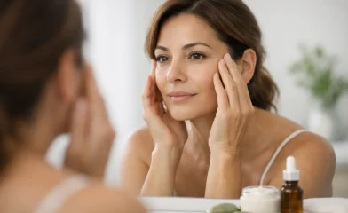 Woman looking at her face in a mirror